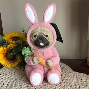 Pink Easter Bunny PUG Figurine with Carrot